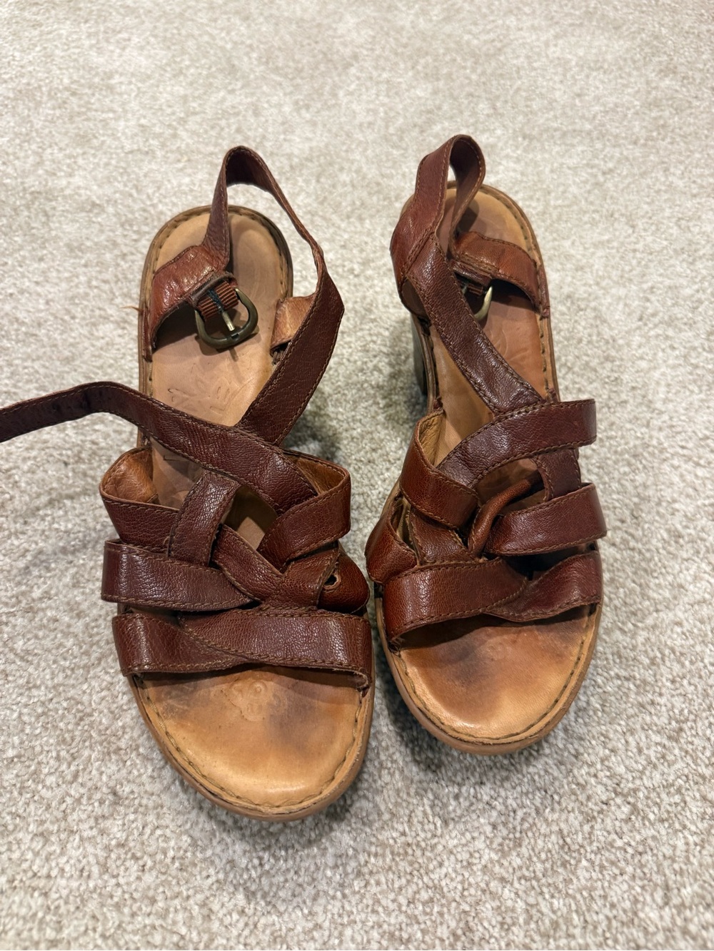 Born Brown Leather Braided Strap Wedge Sandals